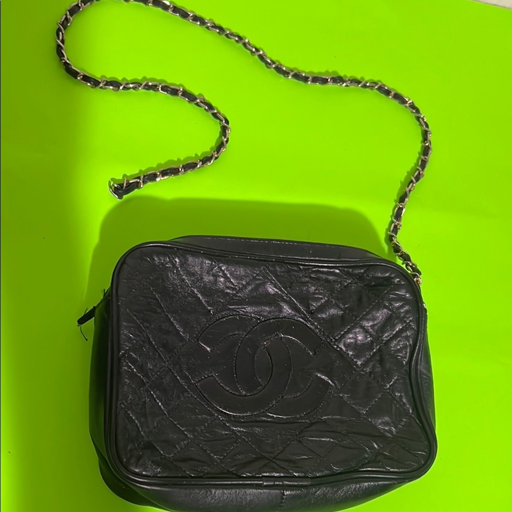 Black Quilted Leather Crossbody Bag with Chain Strap